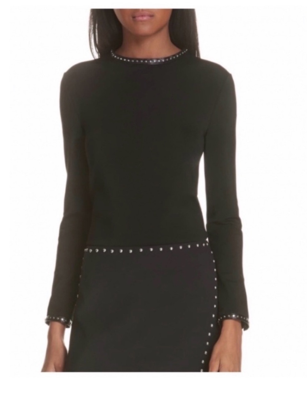 Black Long-Sleeve Jersey leather Stud Trim Women's Shirt